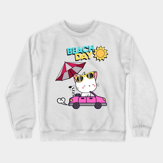 Cute White Angora Cat driving to the beach in summer Crewneck Sweatshirt by Pet Station